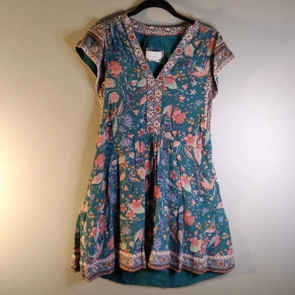 Anthropologie Floral Dress Flutter Sleeve Teal Coral XS - Picture 5 of 14